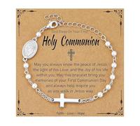 Muorruo Braccialetti Cattolici come Regali per Donne e Ragazze, Bracciale con Perle Simulate, Grani del Rosario e Ciondolo a Croce, Regalo per la Prima Comunione, Argento