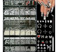 Muorruo Set di gioielli per unghie color argento Y2K, 5 scatole con gioielli 3D e strass per accessori nail art, charm a croce piercing argentati per design unghie, stelle e perle piatte