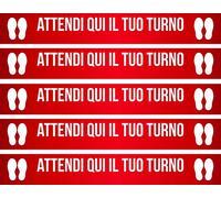 mural stickers Adesivi CALPESTABILI - ASPETTA Qui Il Tuo Turno - Striscia - Linea - Riga - DISTANZIAMENTO Sociale - Locali - Negozi - ATTIVITA' Commerciali - STRISCIA2 Rosso 5 Pezzi - 60 X 8 CM