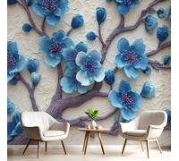Murale 3D con rami di ciliegio blu in fiore, in tessuto non tessuto, con texture a rilievo, ideale per camera da letto, parete dietro la TV, decorazione moderna, 300 cm x 210 cm. Poster - Adesivi mura