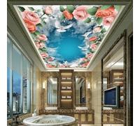 Murale autoadesivo 3D per soffitto con rose, cielo azzurro e colombe; carta da parati ideale per decorare il soffitto di soggiorno e camera da letto