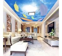 Murale autoadesivo 3D per soffitto raffigurante sole, cielo azzurro, nuvole bianche e piume; carta da parati ideale per decorare il soffitto di soggiorno e camera da letto