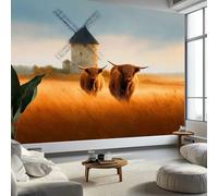 Murale da Parete 3D Antico Mulino a Vento Fattoria Bovini Carta da Parati Fotografica, Stile Pittura a Olio Murale da Parete in Tessuto Non Tessuto Poster Design Moderno 300 x 210 cm per Soggiorno