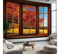 Murale da Parete 3D Cornici Di Legno Erba Foglie Cadute Carta da Parati Fotografica, Paesaggio Autunnale Murale da Parete in Tessuto Non Tessuto Poster Design Moderno 350 x 256 cm per Soggiorno