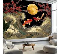 Murale da Parete 3D Luna Onde Del Mare Pesci Fiori Fiori Carta da Parati Fotografica, Stile a Inchiostro Murale da Parete in Tessuto Non Tessuto Poster Decorativo 450 x 315 cm (L x A) per Soggiorno