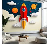 Murale da Parete 3D Razzi Nuvole Stelle Carta da Parati Fotografica, Cartone Animato Semplice Murale da Parete in Tessuto Non Tessuto Poster Decorativo Moderno 300 x 210 cm (L x A) per Soggiorno