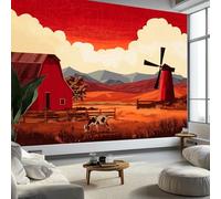 Murale da Parete 3D Rosso Fienile Mulino a Vento Carta da Parati Fotografica, Stile Country Murale da Parete in Tessuto Non Tessuto Poster Decorativo Design Moderno 400 x 280 cm (L x A) per Soggiorno