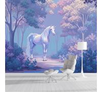 Murale Da Parete Cavallo Bianco Della Foresta, Fotomurali in Seta Animale Da Sogno, Rosa Blu Poster Decorativo per Camera dei bambini 300x210cm