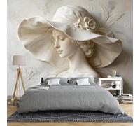 Murale Da Parete Con Scultura 3D In Rilievo Raffigurante Una Donna Con Un Cappello Largo 350 × 245 Cm In Tessuto Non Tessuto Lussuoso Color Crema Con Foto Statua Vintage In Gesso Grande Decorazione