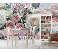 Floreale Sala da Pranzo Foto Parati 368x254cm Rosa Fiori & Bianco Decorazione