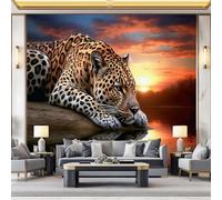 Murale in Carta da Parati Non Tessuta Colorato - Natura Riva del lago Leopardo Tramonto Stampato in Alta Definizione - Perfetto per Casa, Ufficio, Ristorante, Hotel - 200 x 140 cm