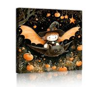 Murale in stile cartone animato Halloween Carino gufo spettrale Tela Arte della parete Foresta misteriosa di notte Poster Pittura Opere d'arte per la decor della scuola materna 40x40cm telaio interno