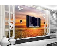 Murale In Tessuto Non Tessuto Sole Al Tramonto Fuori Dalla Finestra Carta Da Parati Decorazione Murale Soggiorno Camera Da Letto Dal Design Moderno 150Cm(W)*105Cm(H)