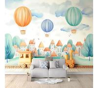 Murales da Parete Premium 3D Stile Cartoon Arte da Parete Straordinaria, Case Edifici Treni Mongolfiere Carta da Parati Fotografica di Alta Qualità per Soggiorno e Camere da Letto 500 x 280 cm