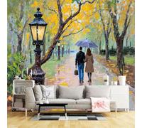 Murales di dimensioni personalizzate, coppia che cammina sotto l'ombrello autunno parco, lampione romantico scena piovosa, arte impressionista, tessuto autoadesivo da parete (senza PVC) grande carta