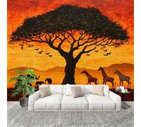 Murales Fotomurale 200x140cm Sagome Di Animali Al Tramonto Africano Decorazione Murale -Moderni Soggiorno Ufficio - Poster Rosso-Arancio Carta da Parati in Tessuto Non Tessuto Murale Adesivi da Parete
