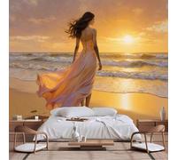 Murali da parete di dimensioni personalizzabili, spiaggia tramonto donna guardando oceano - impronte fluenti vestito orme dorato bagliore sereno sera, carta da parati autoadesiva in tessuto per parete