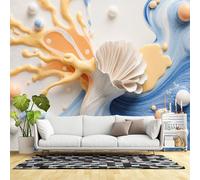 Murali da parete di dimensioni personalizzate, arte fluida astratta con onde oceaniche blu con fiori di carta e spruzzi di crema, design moderno, tessuto autoadesivo da parete (senza PVC), grande