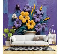 Murali da parete di dimensioni personalizzate, bouquet di fiori gialli e viola, dipinto testurizzato vintage vaso arte decorativa motivo floreale, tessuto autoadesivo da parete (senza PVC) grande