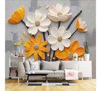 Murali da parete di dimensioni personalizzate, bouquet floreale giallo e bianco testurizzato 3D pittura arte moderna design astratto floreale, tessuto autoadesivo da parete (senza PVC) carta da parati