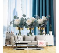 Murali da parete di dimensioni personalizzate, composizione floreale di rose bianche, rami di eucalipto arte botanica moderna, tessuto autoadesivo da parete (senza PVC) carta da parati grande