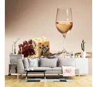 Murali da parete di dimensioni personalizzate, cubo di formaggio con uva rossa, bicchiere da vino minimalista natura morta, tessuto autoadesivo (senza PVC) grande carta da parati rimovibile per