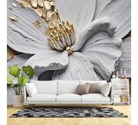 Murali da parete di dimensioni personalizzate, fiore grigio testurizzato 3D con accenti dorati, elegante arte botanica moderna design astratto floreale, tessuto autoadesivo da parete (senza PVC