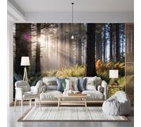 Murali da parete di dimensioni personalizzate, foresta serena, alberi di pino, luce solare, atmosfera nebbiosa, tessuto autoadesivo (senza PVC), carta da parati rimovibile per soggiorno, camera da