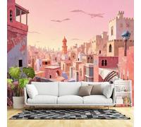 Murali da parete di dimensioni personalizzate, illustrazione artistica con toni caldi della città del deserto mediorientale, illustrazione artistica con toni caldi, tessuto autoadesivo (senza PVC
