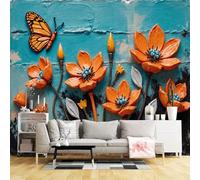 Murali da parete di dimensioni personalizzate, motivo floreale arancione e farfalla in 3D testurizzato arte di mattoni blu, design botanico della natura, tessuto autoadesivo da parete (senza PVC