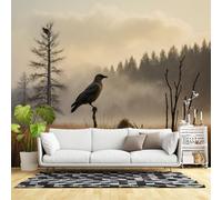 Murali da parete di dimensioni personalizzate, paesaggio mattutino della foresta nebbiosa con uccello sul ramo scena della natura dell'alba dell'erba dorata, tessuto autoadesivo da parete (senza PVC