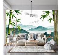 Murali da parete di dimensioni personalizzate, paesaggio nebbioso di bambù dell'Asia orientale con montagne e uccelli, tessuto autoadesivo da parete (senza PVC), carta da parati rimovibile per