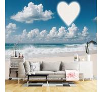 Murali da parete di dimensioni personalizzate, paesaggio romantico sulla spiaggia con parola d'amore in sabbia a forma di cuore nuvola paesaggio marino tropicale, tessuto autoadesivo (senza PVC