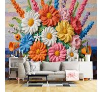 Murali da parete di dimensioni personalizzate, pittura a olio colorata bouquet floreale testurizzato arte vintage fiori di natura morta in vaso, tessuto autoadesivo da parete (senza PVC) carta da
