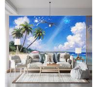 Murali da parete di dimensioni personalizzate, scena serena sulla spiaggia con palme, nuvole soffici, stella cadente scintillante, tessuto autoadesivo da parete (senza PVC), carta da parati rimovibile