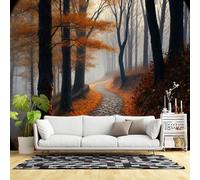 Murali da parete di dimensioni personalizzate, sentiero forestale autunnale nebbioso paesaggio mattutino paesaggio tranquillo sentiero naturalistico, tessuto autoadesivo da parete (senza PVC) grande