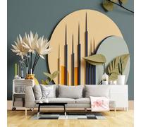 Murali da parete di dimensioni personalizzate, skyline astratto della città con forme geometriche vaso floreale foglie design arte moderna, tessuto autoadesivo da parete (senza PVC), grande carta da
