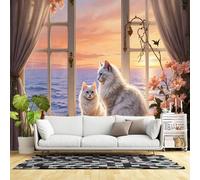 Murali da parete di dimensioni personalizzate, soffici gatti bianchi oceano tramonto paesaggio romantico giardino floreale, tessuto autoadesivo da parete (senza PVC) grande carta da parati rimovibile