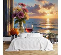 Murali da parete di dimensioni personalizzate, tramonto sul mare con fiori, bicchiere di vino sul davanzale, tessuto autoadesivo (senza PVC), carta da parati rimovibile per soggiorno, camera da letto