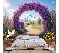 Murali di dimensioni personalizzabili, percorso sereno con fiori viola vivaci e skyline della città lontana, carta da parati autoadesiva in tessuto da parete per soggiorno