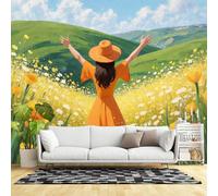 Murali di dimensioni personalizzate, donna gioiosa in abito arancione con le braccia sollevate in un campo di fiori gialli paesaggio soleggiato cielo sognante, tessuto autoadesivo da parete (senza PVC