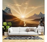 Murali di dimensioni personalizzate, paesaggio panoramico del fiume della foresta nebbiosa della valle di montagna dell'alba dorata, vista della luce solare della natura, tessuto autoadesivo da parete