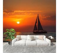 Muralo 250x175cm Barca A Vela Al Tramonto Nell'Oceano Tessuto Non Tessuto Murale Alla Moda Murale Poster Rosso-Arancio Parati Decorazione Murale Soggiorno Camera Da Letto Dal Design Moderno