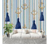 Muralo 250x175cm Oceano Ancora Strisce Tessuto Non Tessuto Murale Alla Moda Murale Poster Blu E Bianco Parati Decorazione Murale Soggiorno Camera Da Letto Dal Design Moderno