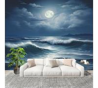 Muralo 300x210cm Cielo Notturno Con Onde Dell'Oceano Tessuto Non Tessuto Murale Alla Moda Murale Poster Blu Scuro Parati Decorazione Murale Soggiorno Camera Da Letto Dal Design Moderno