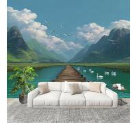 Muralo 300x210cm Paesaggio Della Montagna E Strada Di Assi D'Acqua Tessuto Non Tessuto Murale Alla Moda Murale Poster Verde Parati Decorazione Murale Soggiorno Camera Da Letto Dal Design Moderno