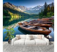 Muralo 300x210cm Paesaggio, Lago E Motivo Di Barca Tessuto Non Tessuto Murale Alla Moda Murale Poster Verde Parati Decorazione Murale Soggiorno Camera Da Letto Dal Design Moderno