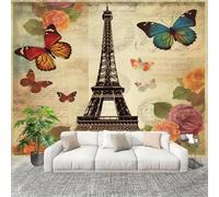Muralo 350x256 cm Romantico La Torre Eiffel Le Farfalle Tessuto Non Tessuto Murale Alla Moda Murale Poster Colorato Parati Decorazione Murale Soggiorno Camera Da Letto Dal Design Moderno