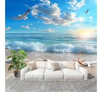 Muralo 350x256 cm Tema Paesaggio Di Spiaggia Tessuto Non Tessuto Murale Alla Moda Murale Poster Blu Parati Decorazione Murale Soggiorno Camera Da Letto Dal Design Moderno