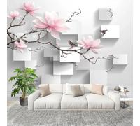 Muralo 400x280cm Fiori Geometrici Di Magnolia E Uccelli Tessuto Non Tessuto Murale Alla Moda Murale Poster Bianco Parati Decorazione Murale Soggiorno Camera Da Letto Dal Design Moderno